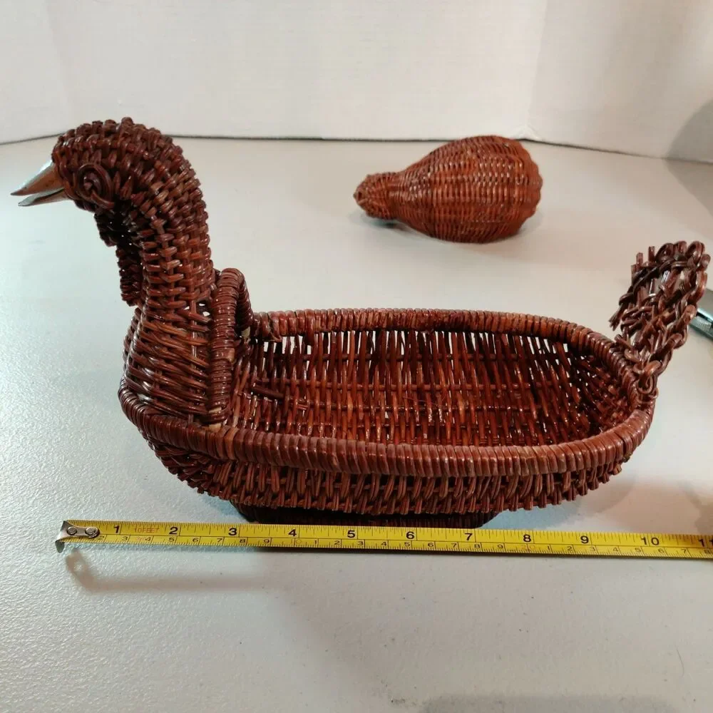 (2) VTG Rattan Wicker Woven Duck Turkey Goose Basket Wooden Beak & Small Rabbit